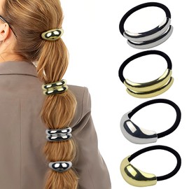 Metal Hair Ties Metal Geometric Elastic Hair Ties Gold Ponytail Hair Cuff Fashion Glossy Hair Cuff Wrap Hair Ties for Thick Hair Elastic Hair Band for Women Hair Accessories 4 PCS(Set 2)