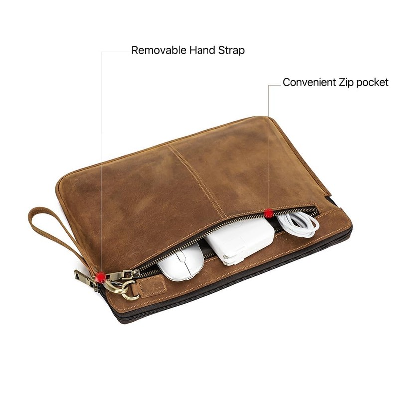 CONTACT'S FAMILY Leather Laptop Sleeve Compatible with 14.2inch MacBook Brown