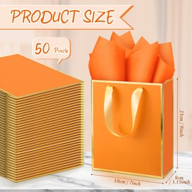 Yeaqee 50 Pack Metallic Gift Bags with Handle and Tissue Paper for Wedding Bridesmaid Groomsmen Baby Shower Holiday Thank You 5 Senses Gift Bag for Her Him Birthday 9 x 7 x 3. 15''(Orange)