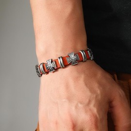 StyleJella Cross Black Leather Men's Bracelet Knights Templar Iron Bangles Fashion Wristband for Women Men Punk Jewelry