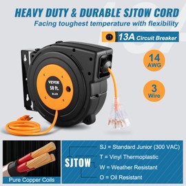 VEVOR VEVOR Retractable Extension Cord Reel, 50 FT Heavy Duty 14AWG/3C SJTOW Power Cord with Lighted Triple Tap Outlet, 13 Amp Circuit Breaker, 180 Swivel Bracket for Ceiling or Wall Mount