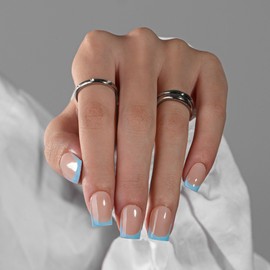 KQueenest Baby Blue French Tip Press On Nails Short Square, 30 Pcs Acrylic Press On Nails With Glue, Natural Nude Short Fake Nails Press ons, Reusable Glossy Soft Gel Glue on Nails for Women Summer