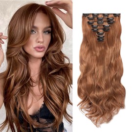Gairyan Clip-In Extensions Synthetic Hair Pieces Hair Extensions Clips 45 cm Curly Wavy Long Synthetic Hair for Women (Light Auburn)