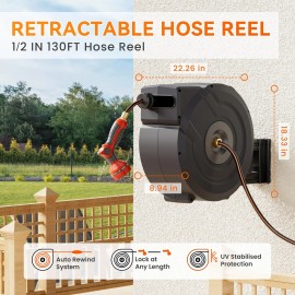 NEOTEC 130FT Retractable Hose Reel Water Hose Reel 180° Swivel Wall-Mounted for Garden