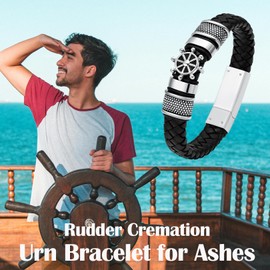 Hearbeingt Rudder Cremation Urn Bracelet for Ashes Braided Leather Compass Urn Bangle for Men Women Memorial Ashes Bracelet(Silver 24cm)