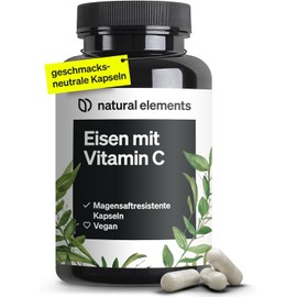 Iron 20 mg (from iron bisglycinate) per capsule - with 42 mg natural vitamin C - vegan, neutral in taste - 180 enteric juice resistant capsules - premium raw material: FerrochelTM (iron chelate) Visit the natural elements Store