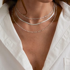 Carovo Silver Necklace for Women ,Dainty Layered Necklace Choker Necklaces Trible Layering Snake Cuba Figore Paper Clip Box Chain Snake Hammered Disc Link Necklace Shinny Twisted Rope Chain Necklace Jewelry for Women