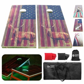 Tailgating Gmall LED Cornhole Board Set 4FTx2FT Solid Wood Regulation Size Cornhole Set with LED Lights Includes 8 Cornhole Bags for Adults (USA Flag & Deer, 4'x2')