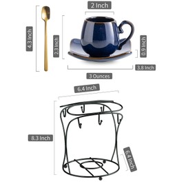 LYEOBOH 3oz Espresso Cups with Saucers, Small Coffee Cups Set of 6 with Spoons and Metal Stand, Ceramic Cute Demitasse Cups for Housewarming Wedding Gift, Cobalt Blue