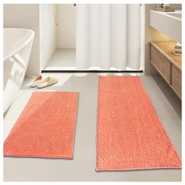 Civkor Long Bathroom Rugs Runner, Bath Mat Set 2 Pieces, Coral/Light Orange Chenille Bath Runner Rug 47x20 and 31x20 Inch Non Slip Backing Extra Soft & Absorbent Bathroom Mats, Machine Washable