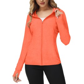 TIHEEN Women's UPF 50+ Sun Protection Shirts UV Long Sleeve Zip Hoodies SPF Lightweight Jacket Pockets Hiking Orange,2XL