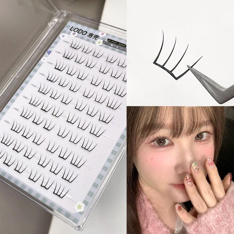 アニメスタイルの粘着式まつげクラスター - ブラック合成繊維まつげ、自然な外観、60個のクラスターエクステンション