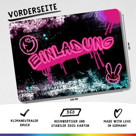 celebr8te 12 x Graffiti Invitation Cards – For Girls' Children's Birthday – Pink Neon Graffiti Birthday Invitations Including Messenger Picture & Holiday Voucher
