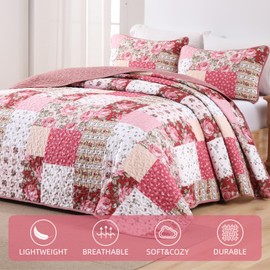 Anibedding 3Pieces Patchwork Quilts Queen Size, Bohemian Red Flower Plaid Bedspreads with Double Pillowcases for All Season