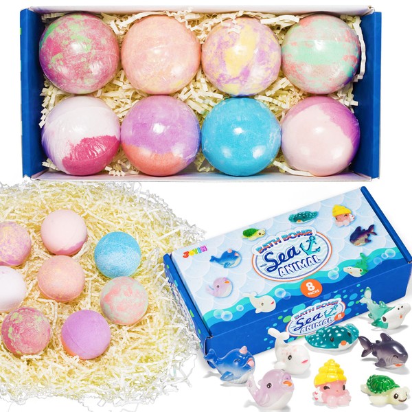 JOYIN Bath Bombs for Kids with Sea Animal Toys, 8 Pack Bubble Bath Bombs with Surprise Toy Inside, Natural Essential Oil SPA Bath Fizzies Set，Easter Gifts for Boys and Girls