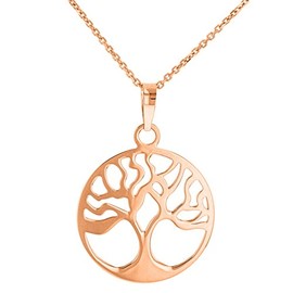 Jewelry America Solid 14k Rose Gold Tree of Life Disk Chain Pendant Necklace, 22"