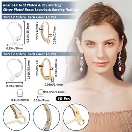 CREATCABIN 40pcs/Box 24K Gold Plated Brass Leverback Earring Hooks French Earrings Clasp Dangle Ear Wire with Open Jump Rings 925 Sterling Silver Plated for Jewelry Making Findings DIY Craft Supplies