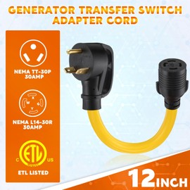 Tellegloww Generator Transfer Switch Adapter Cord Compatible with NEMA TT-30P to L14-30R, Generator to House Inlet Box Adapter, 30A 3Prong Male to 4Prong Locking Female Adapter, 10 AWG, 1ft