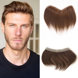 0.06mm Full PU Frontal Hairpiece For Men Toupee Natural Hairline Forehead Hair Piece Patch Invisible Seamless Ultra Thin Skin PU Human Hair Toppers Replacement Black/Brown Color (Brown, 2x16inch)