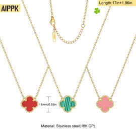 AIPPK Clover Pendant Necklace Set for Women 18K Gold Plated Four Leaf Clover Necklace Lucky Simple Jewelry Gifts for Women 3Pcs (Red+Green+Pink)
