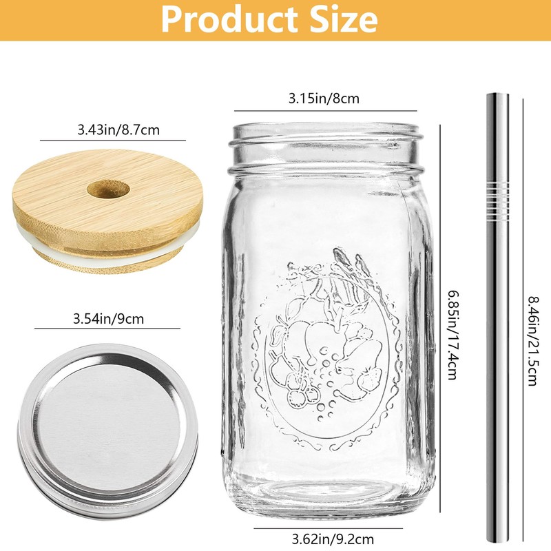 Icesip 32oz Glass Mason Cup with Bamboo Lids, 2Pack Wide