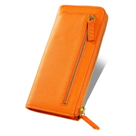 Mura Women's Bi-fold Wallet Mini Wallet, Compact, Genuine Leather, orange (long wallet)