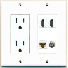RiteAV [ 2 GANG ] 15 Amp Duplex Power Outlet 2 HDMI Coax CAT6 Wall Plate Hide Cables