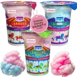 DOUzzle Carousel Cotton Candy - Pink Blue & White Floss Sugar Retro Candy, Cherry & Vanilla, Raspberry & Strawberry, Sour Cherry & Raspberry (Variety 3 Pack) Carnival Snack, Party Favor - Kosher Parve