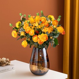 2 Pcs 22inch Fall Ranunculus Artificial Flowers 14 Head Orange Faux Silk Ranunculus Bulk Autumn Fake Wedding Filler Flowers for Home, Wdding, Party, Centerpieces, Bridal Shower Decoration Arrangements