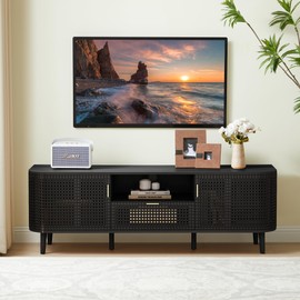 ORRD TV Stand for TVs Up to 65 Inch, Boho Wood Television Stands Media Entertainment Center Console Table with Curved Iron Rattan Doors and Drawer for Living Room - Black