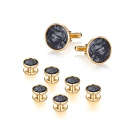 Mens Classic Shirts Cufflink Studs, Mother-of-Pearl Tuxedo Shirt Button and Cuff Links Set, Formal Business Wedding Jewelry XDS13 Gold Black