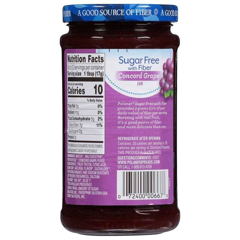 Polaner Sugar Free with Fiber, Grape Jam, 13.5 Ounce