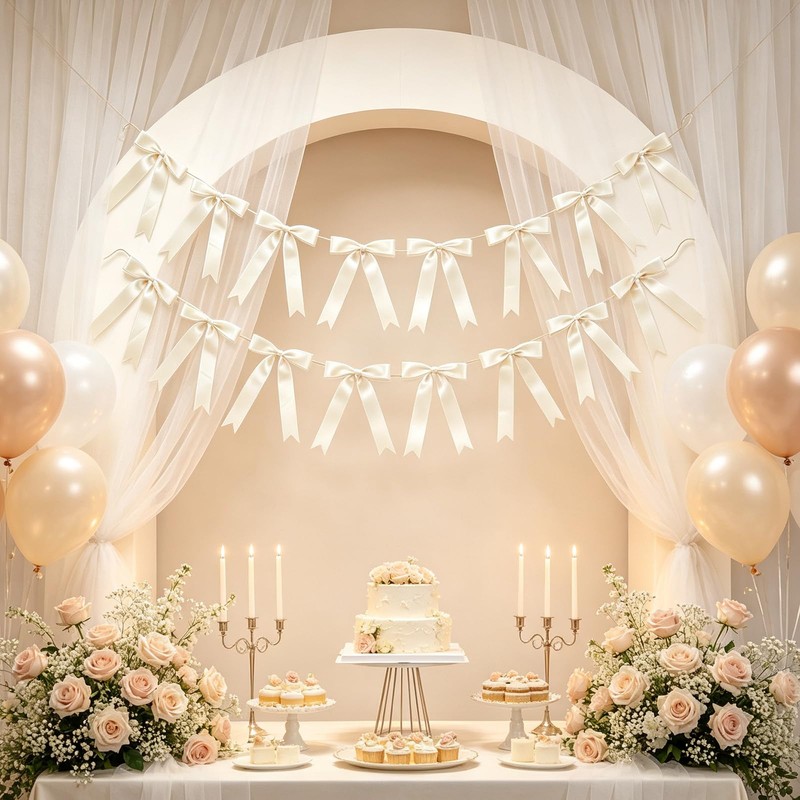2Strings 16Pcs Ivory White Bow Garland Banner Pre-Strung Satin Ribbon
