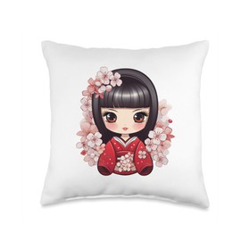 Cute Kokeshi Doll With Cherry Blossoms I Kokeshi Throw Pillow