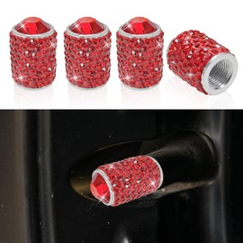 4PCS Bling Crystal Car Tire Valve Stem Caps, Attractive Handmade Rhinestone Stem Covers, Universal Shinny Diamond Dustproof Tire Valve Caps for Cars, Motorcycles, SUVs, Bicycles, Trucks (Red)