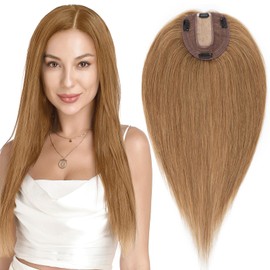 MY-LADY Human Hair Toppers for Women Real Remy Hair 130% Density 10 * 12CM Silk Base No Bangs Clip in Hair Pieces Straight Hairpiece for Thinning Hair 14 Inch #06 Light Brown