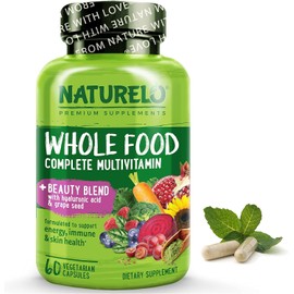 NATURELO NATURELO Whole Food Multivitamin with Extra Hair, Skin and Nails Support - Beauty Blend with Hyaluronic Acid & Grape Seed - High Potency Biotin, Vitamin C, and Glutathione - 60 Vegan Capsules