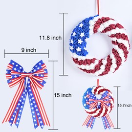 4th of July Wreath, Independence Day Decor Patriotic Rose Stars and Stripes Wreath with Red, White, and Blue for Memorial Day Independence Day Front Door Wall Decor