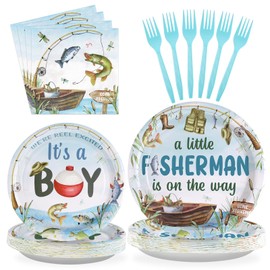 96 Pcs Fishing Baby Shower Party Decorations for Boy Gone Fishing Party Plates and Napkins A Little Fisherman is on The Way Party Decorations for Boys O Fishally 1st Birthday Party Favors Serves 24
