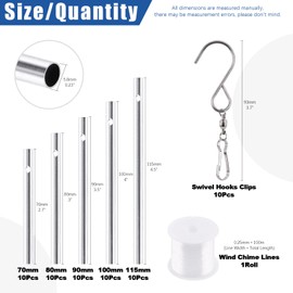 Glarks - Juego de 61 carillones de viento que incluye 50 tubos de 11,5 cm, 10 cm, 9 cm, 8 cm, 7 cm, y 10 ganchos giratorios con alambre de rosca de 100 m para decoración de colgar en el hogar, jardín, al aire última intervensión