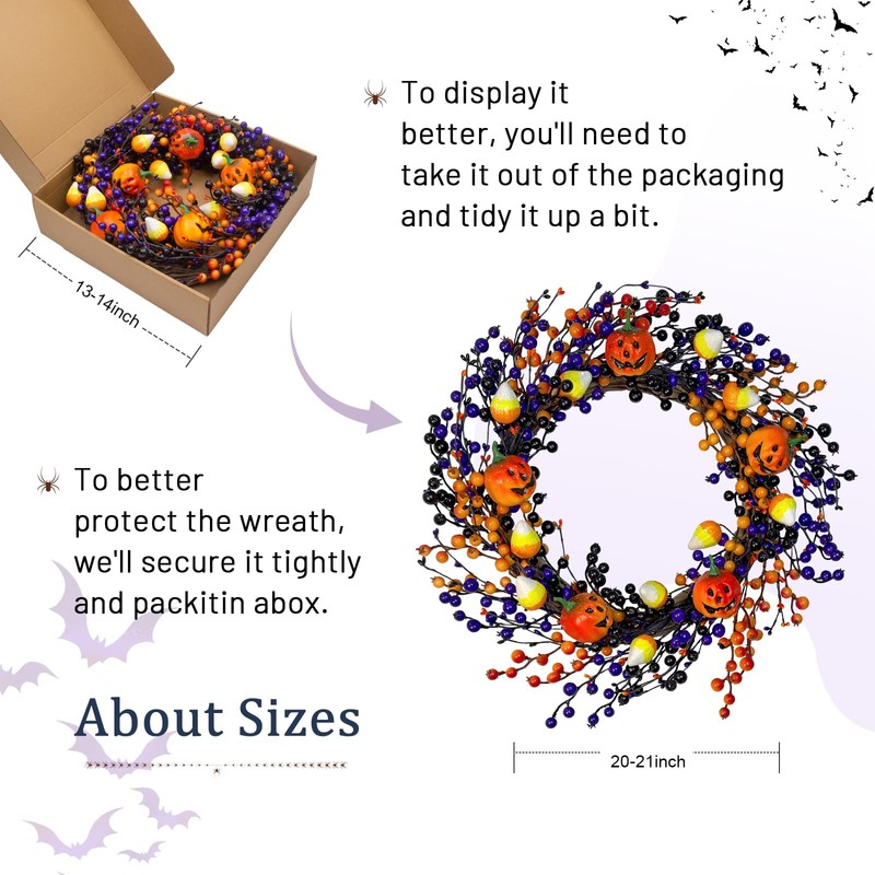 20" Halloween Wreaths for Front Door with Jack-o'-Lanterns and Candy
