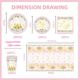 141Pcs Princess Birthday Party Decorations Castle Themed Tableware - Princess Party Plates and Napkins Forks Cups Cutlery Tablecloch Rose Gold Floral for Girls Baby Shower Birthday Decorations