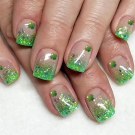 LBPEPAMZ 24Pcs St. Patrick's Day Press on Nails Short Square Fake Nails with Shamrock Design Green Glitter Gradient French Tips Stick on Nails Full Cover Artificial False Nails for Women Manicure DIY