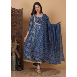 Meera Fab Anarkali Kurta con estampado de algodón para mujer con palazzo y dupatta con trabajo a mano, Azul, X-Large