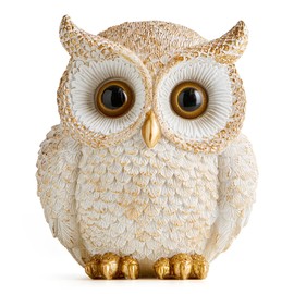 White and Gold Owl Statue - Cute Resin Figurine Home Decor for Desk Bookshelf Coffee Table, Gift for Owl Lovers, Office Living Room Bedroom Decor