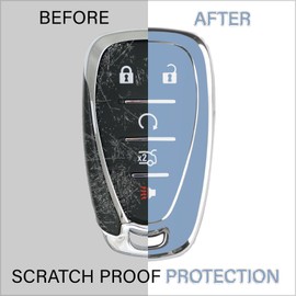 QBUC for Chevy Key Fob Cover With Keychain Chrome Silver Trim Soft TPU Protection Case Compatible with 2016-2025 Chevy Equinox Malibu Camaro Blazer Traverse Trailblazer 5 Button（Blue）