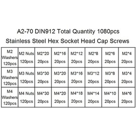 1080pcs Bolts Nuts Wasters Sets, M3 M4 M5 Stainless Steel Hexsocket Button Nuts Bolts Wasters Assortment Kits Hardware Screws Nuts Kits