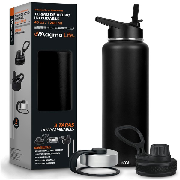 Magma Life Termo para Café y Agua de Acero Inoxidable 40 Oz (1200 ml): Contiene 3 Tapas para Diferentes tipos de Bebidas, Ideal para Mantener la Temperatura Deseada (Black)