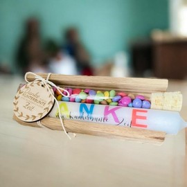 Abschiedsgeschenk Erzieher „Danke für die kunterbunte Zeit“ – mit Kerze & Reagenzglas, Kindergarten Geschenk persönlich