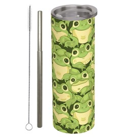 amepay Cute Frog Stainless Steel Insulated Tumbler with Lid - 20oz Green Cartoon Animal Travel Mug, Reusable Metal Straw & Brush, Double-Wall Vacuum Bottle Cup for Hot Cold Drinks,Gifts